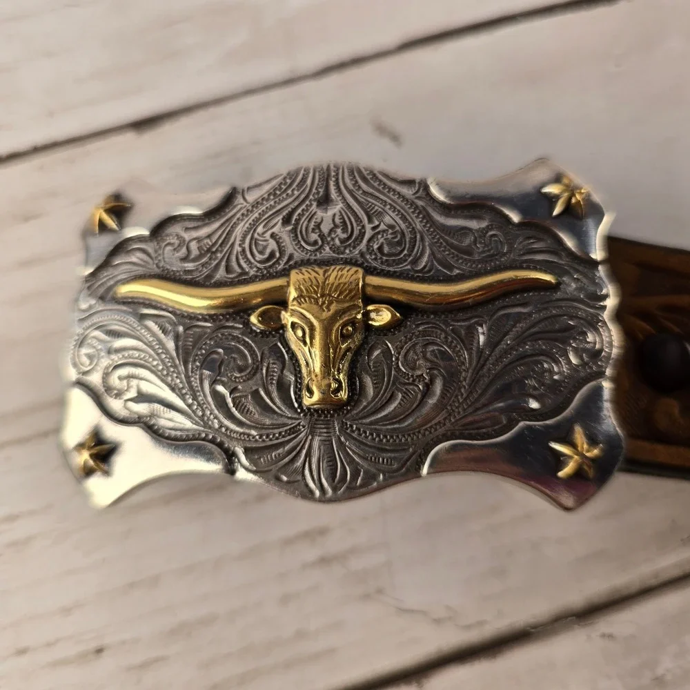 Kid Western Brown Leather Tooled Belt Longhorn Bull Trophy Buckle Made in USA 22